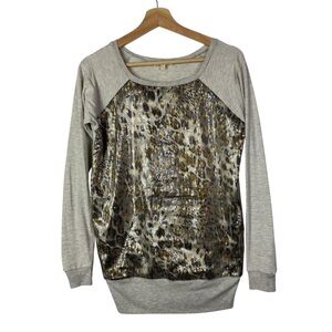 Mystree Gray Mixed Media Leopard Sequin Long Sleeve Top S